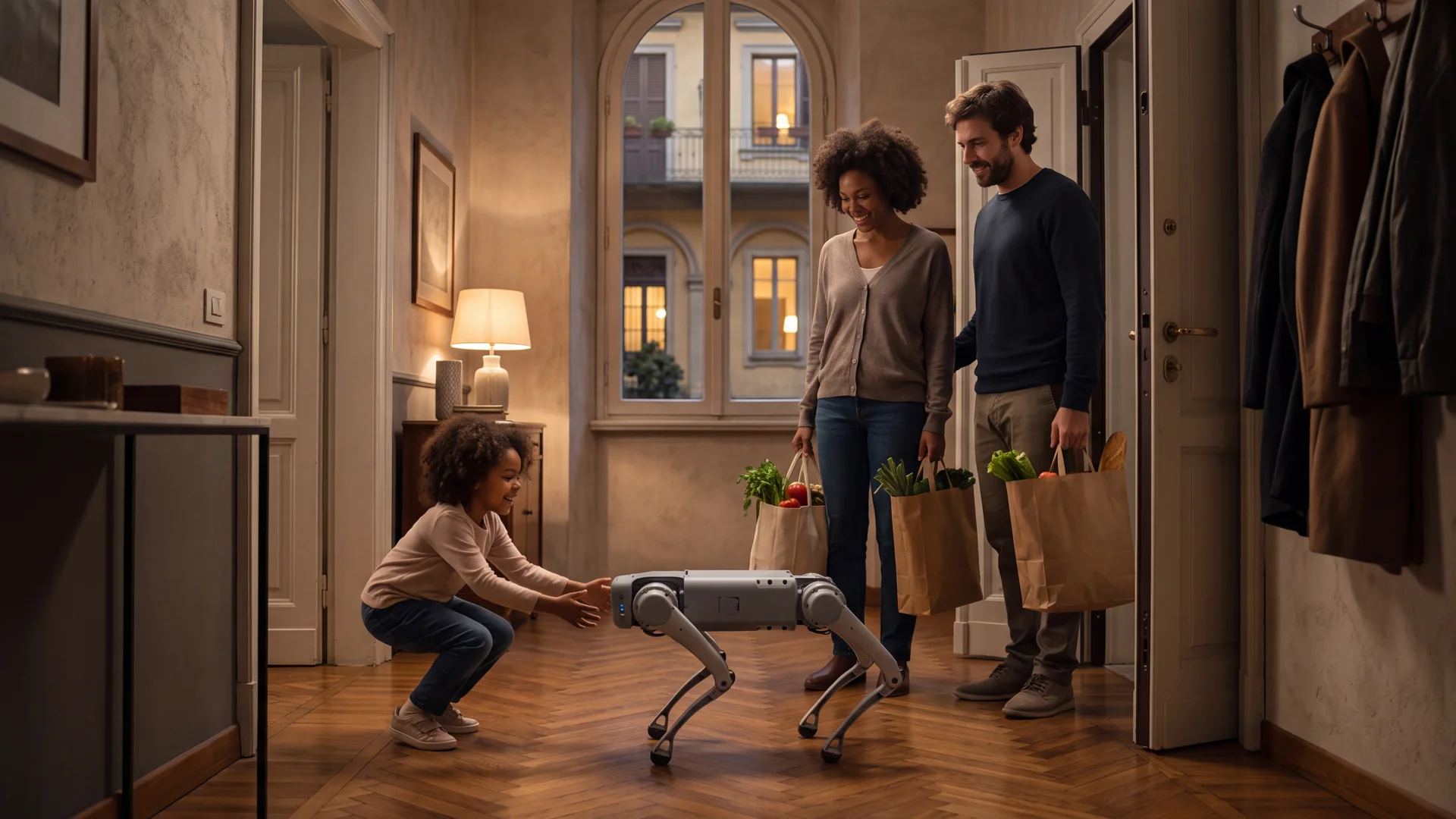 una famiglia e un piccolo robot a quattro zampe all&rsquo;ingresso di una casa di Milano.