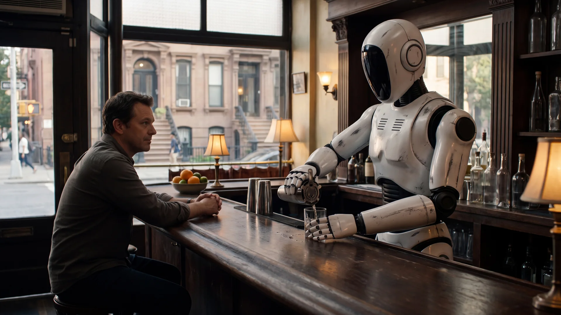 un robot umanoide bianco prepara un drink in un caff&egrave; di New York.
