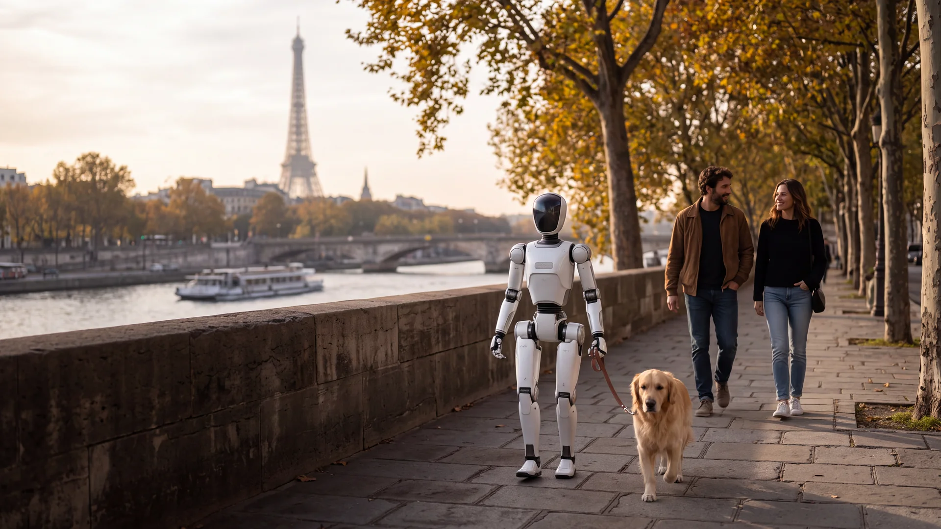 un robot compatto e un golden retriever passeggiano lungo la Senna a Parigi.
