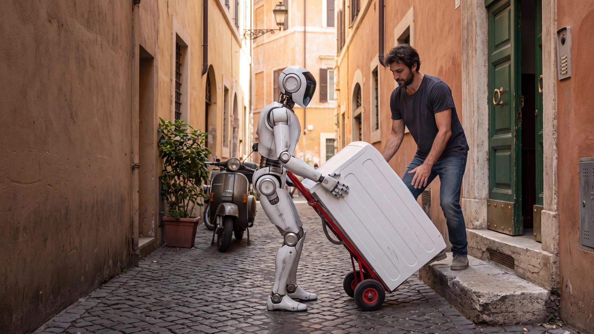 una persona e un robot spostano una lavatrice in una casa di Roma.