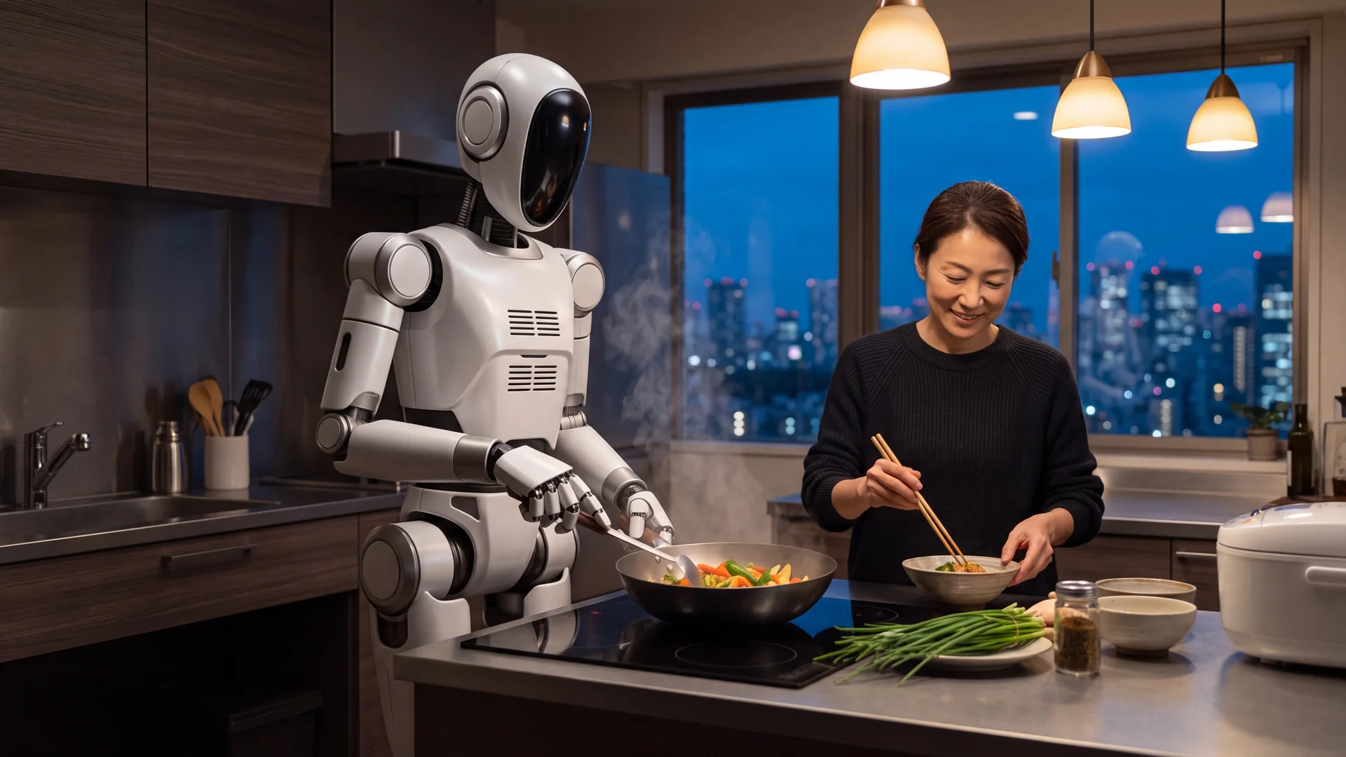 un robot umanoide affianca la preparazione della cena in una casa di Tokyo.